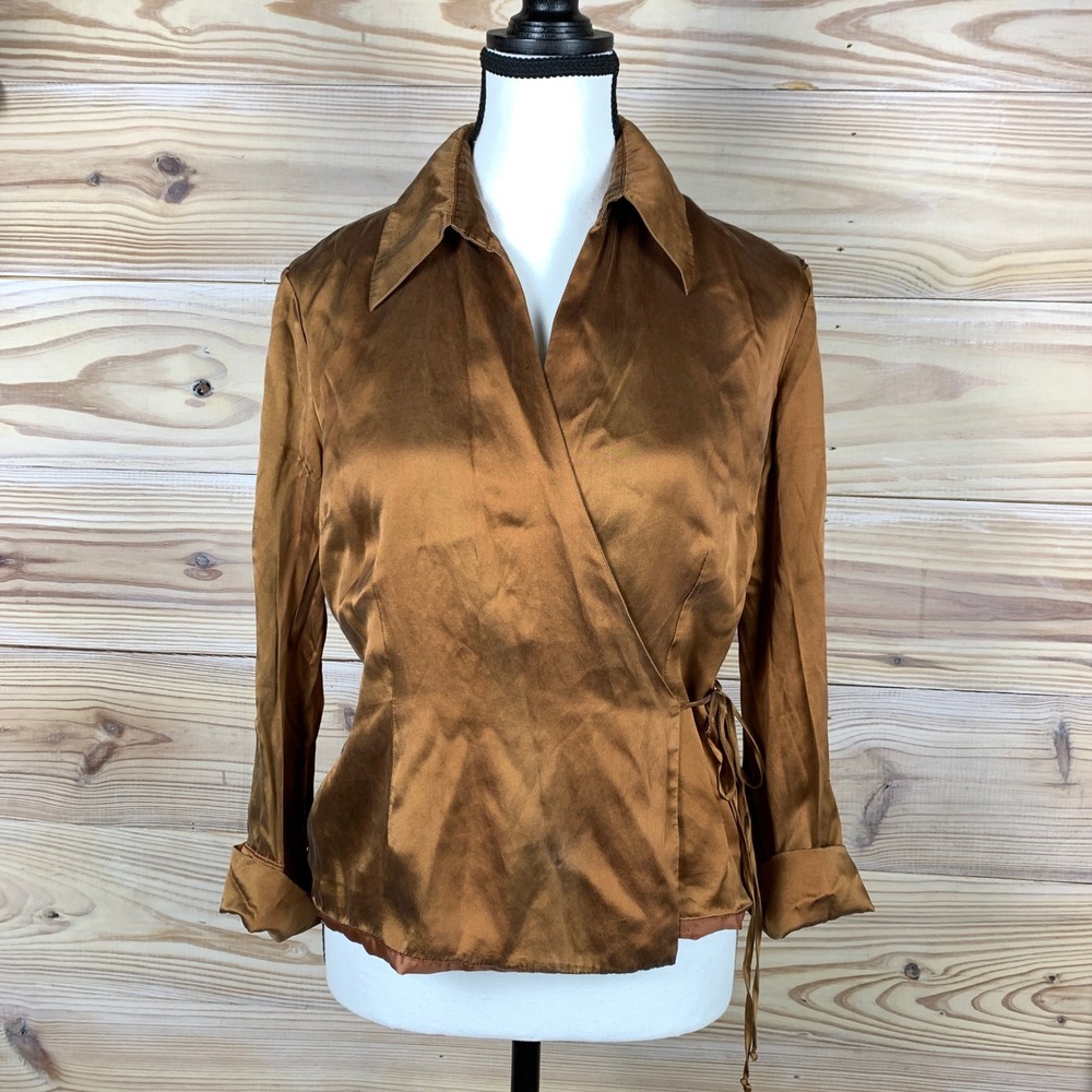icE Wrap Blouse Women Medium Bronze Vintage Silk 3/4 Sleeve Lined Dressy Top